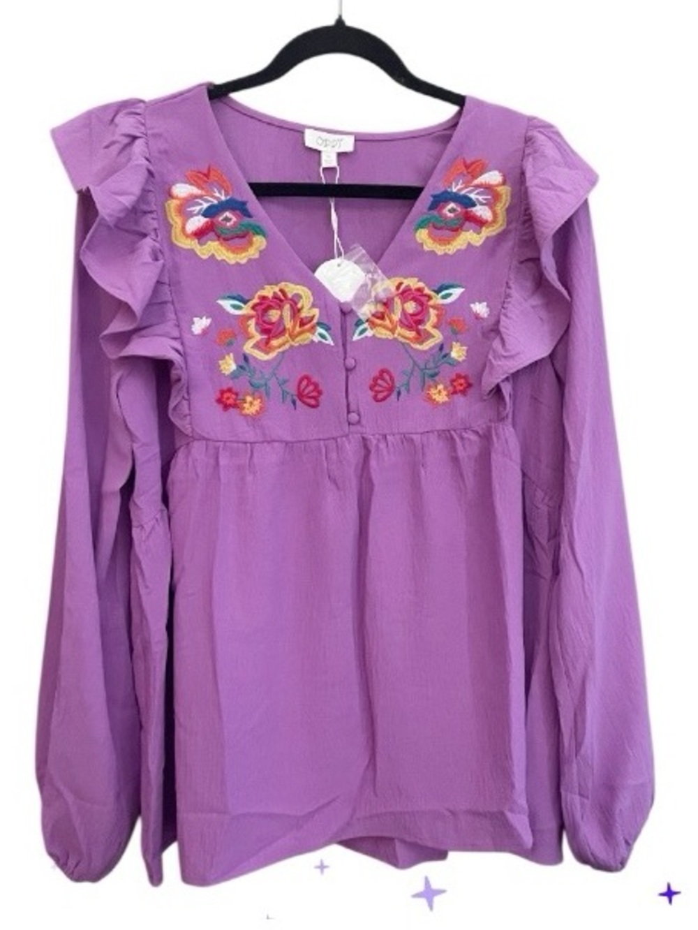 ODDI NWT M Purple Embroidered Floral Ruffled Long Sleeve Top